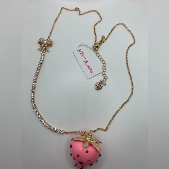 BETSEY JOHNSON SET Enamel & Crystals Pink Strawberry Necklace & Earrings NEW NWT - Picture 7 of 16